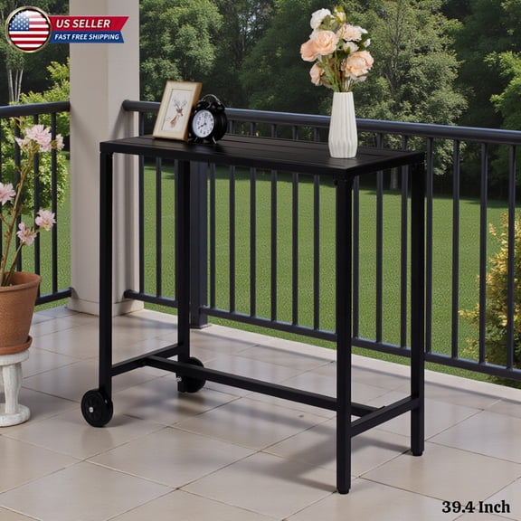 Hassch 39.4" Rolling Patio Bar Table in Black, Narrow Iron Counter Height Patio Table with Wheels and Adjustable Feet, for Garden, Balcony or Pool Area
