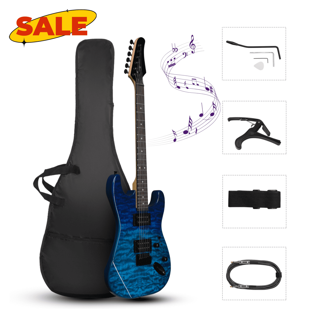 Hassch 39 Inch Electric Guitar, Beginner Electric Guitar Kit with Bag, Capo, Cable, Strap, Plectrum, Tremolo Arm and Wrench Tool for Starters, Trans Blue