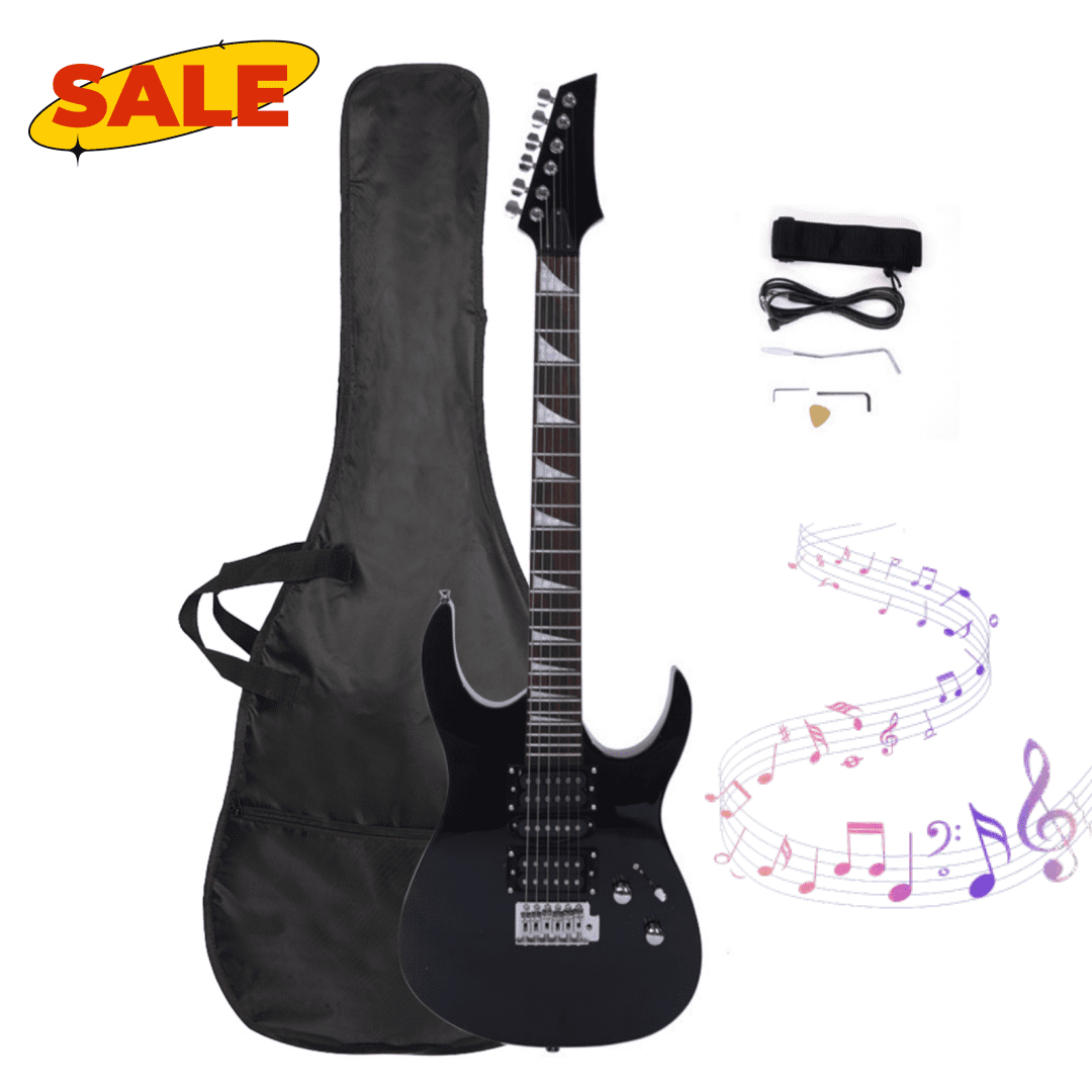 Hassch 39in Beginner Electric Guitar Starter Kit with Bag, Strap, Paddle, Rocker, Cable and Wrench Tool, Black