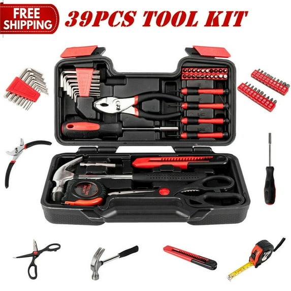 Hassch 39pcs Tool Kit Household Hand Tool General Tool Set Repair Craftsman Box Red