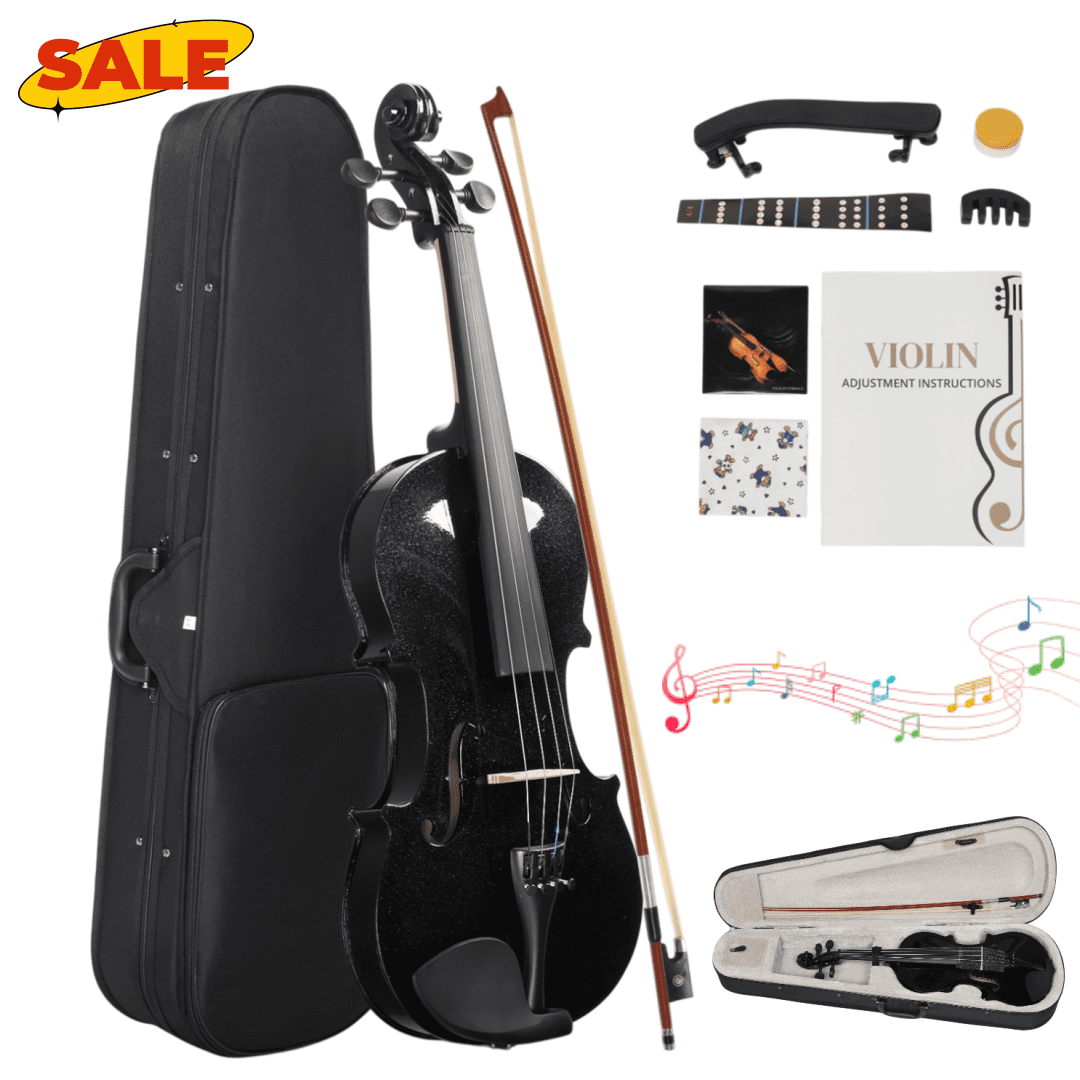 Hassch 4/4 Acoustic Violin Set with Case, Bow and Rosin, Fiddle Starter Kit with Sordine, Extra Strings and Shoulder Rest for Beginners, Black