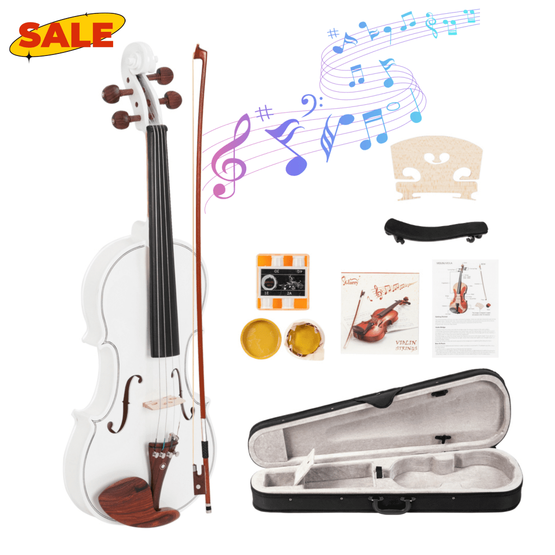 Hassch 4/4 Acoustic Violin with Case, Bow and Rosin for Beginners, Fiddle Set with Strings, Turner, Wipe Cloth and Shoulder Rest, White