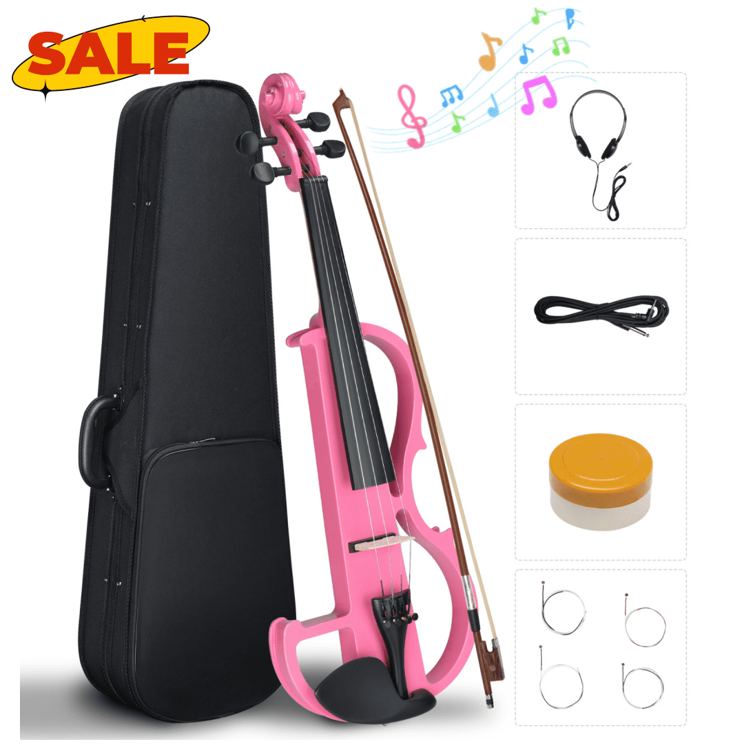 Hassch 4/4 Full Size Electric Violin – Silent Electric Violin with Case, Bow, Rosin, Headphones and Connecting Line for Beginners - Pink