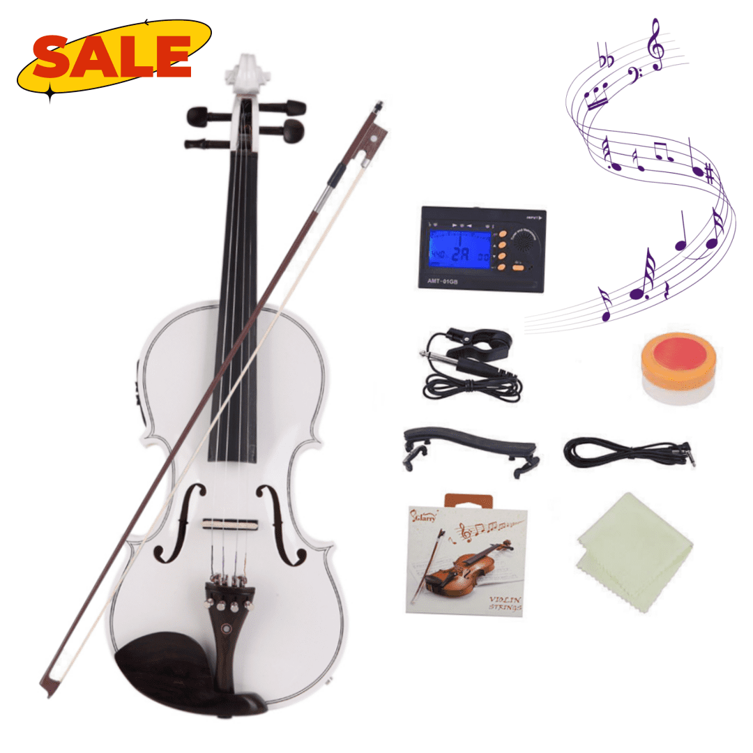 Hassch 4/4 Violin with Case, Bow and Cloth for Beginners, Starter Fiddle Kit with Strings, Shoulder Rest, Electronic Tuner and Connecting Wire, String Instrument, White