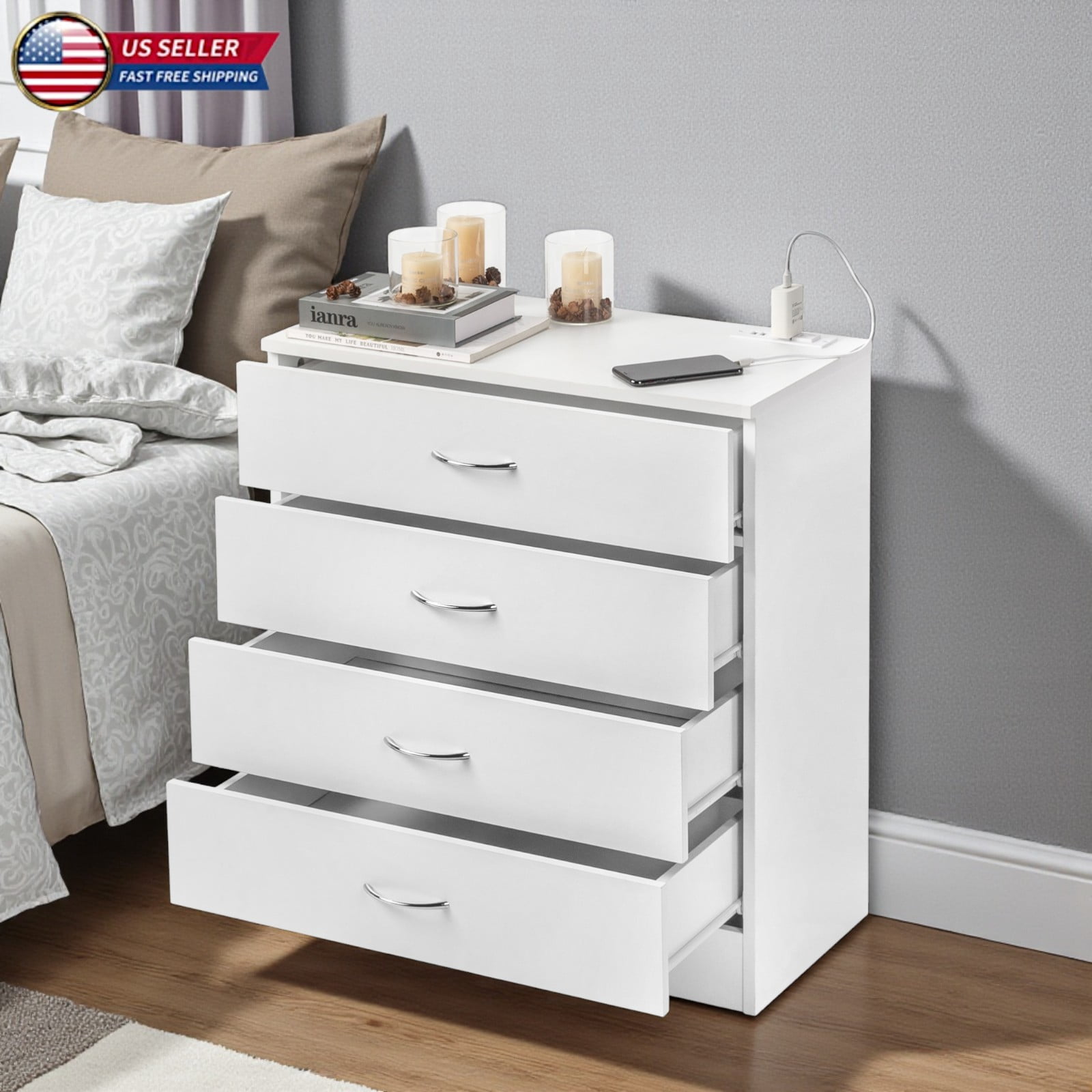 Hassch 4-Drawer Dresser with Built-in USB Ports & Outlets, Curved Metal ...