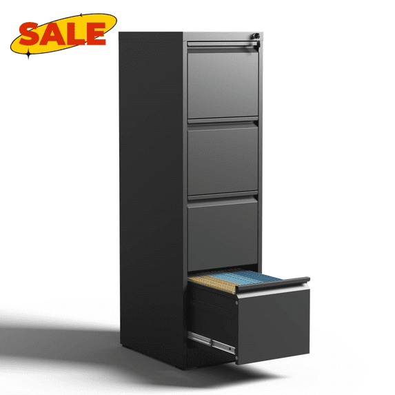 Hassch 4 Drawer Filing Cabinet with Lock, Metal File Cabinet, Home Office Storage Cabinet for A4 Legal/Letter Size, Black