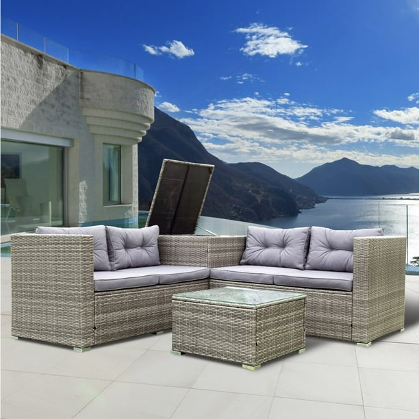 Hassch 4 Piece Patio Sectional Wicker Rattan Outdoor Furniture Sofa Set with Storage Box Gray Walmart Business Supplies