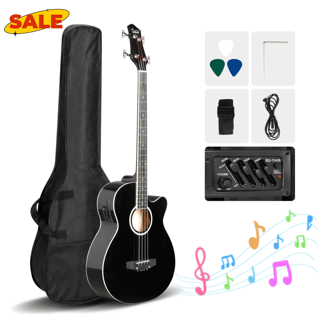 Hassch 4 String Electric Acoustic Bass Guitar with 4-Band Equalizer, Bag and Strap, Beginners Bass with Cable, Plectrum and Wrench Adjustment Tool, Black