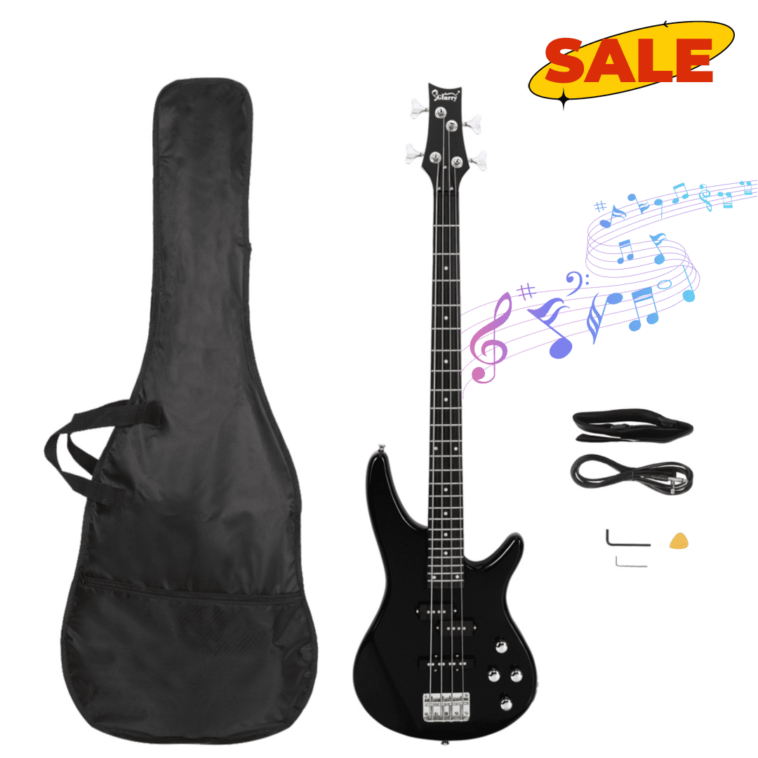 Hassch 4 String Electric Bass Guitar, 44 inch Bass Kit with Bag, Strap, Plectrum, Amp Wire and Wrench Tool, Black
