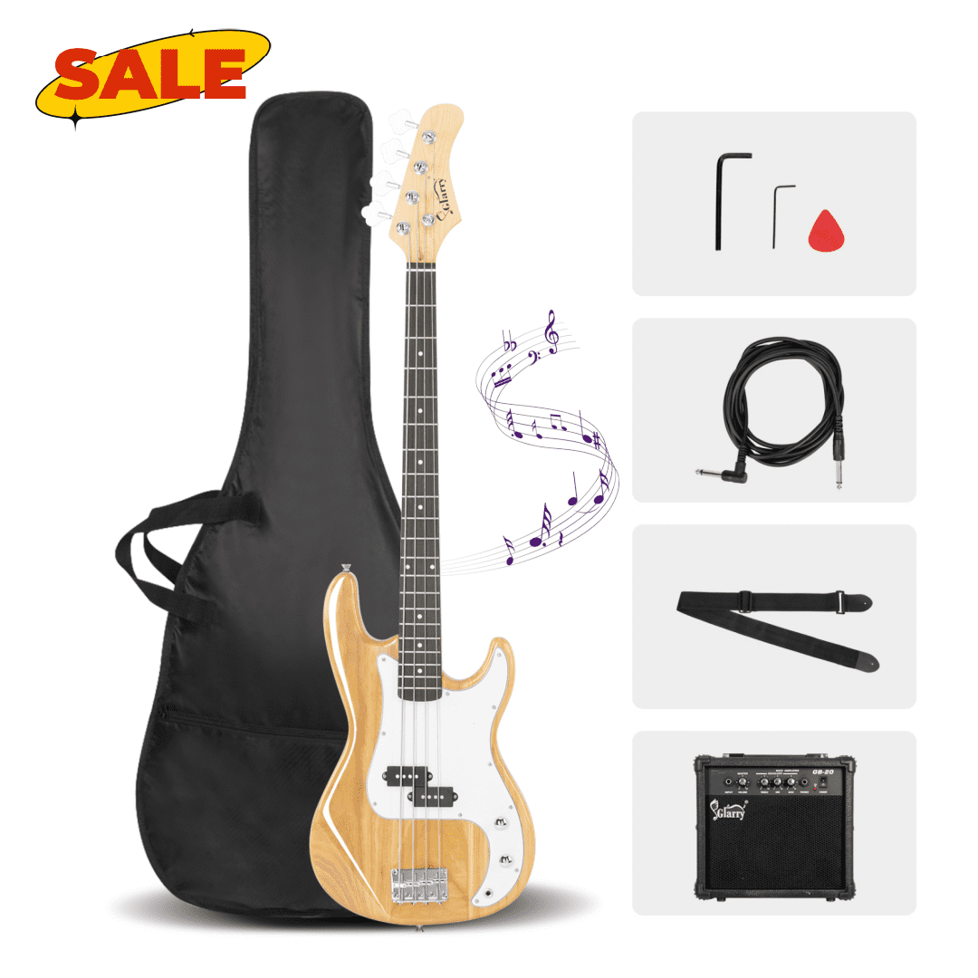 Hassch 4 String Electric Bass Guitar with Amp, Bag and Strap, Beginners Kit with Plectrum, Amp Wire and Spanner Tool, Burlywood