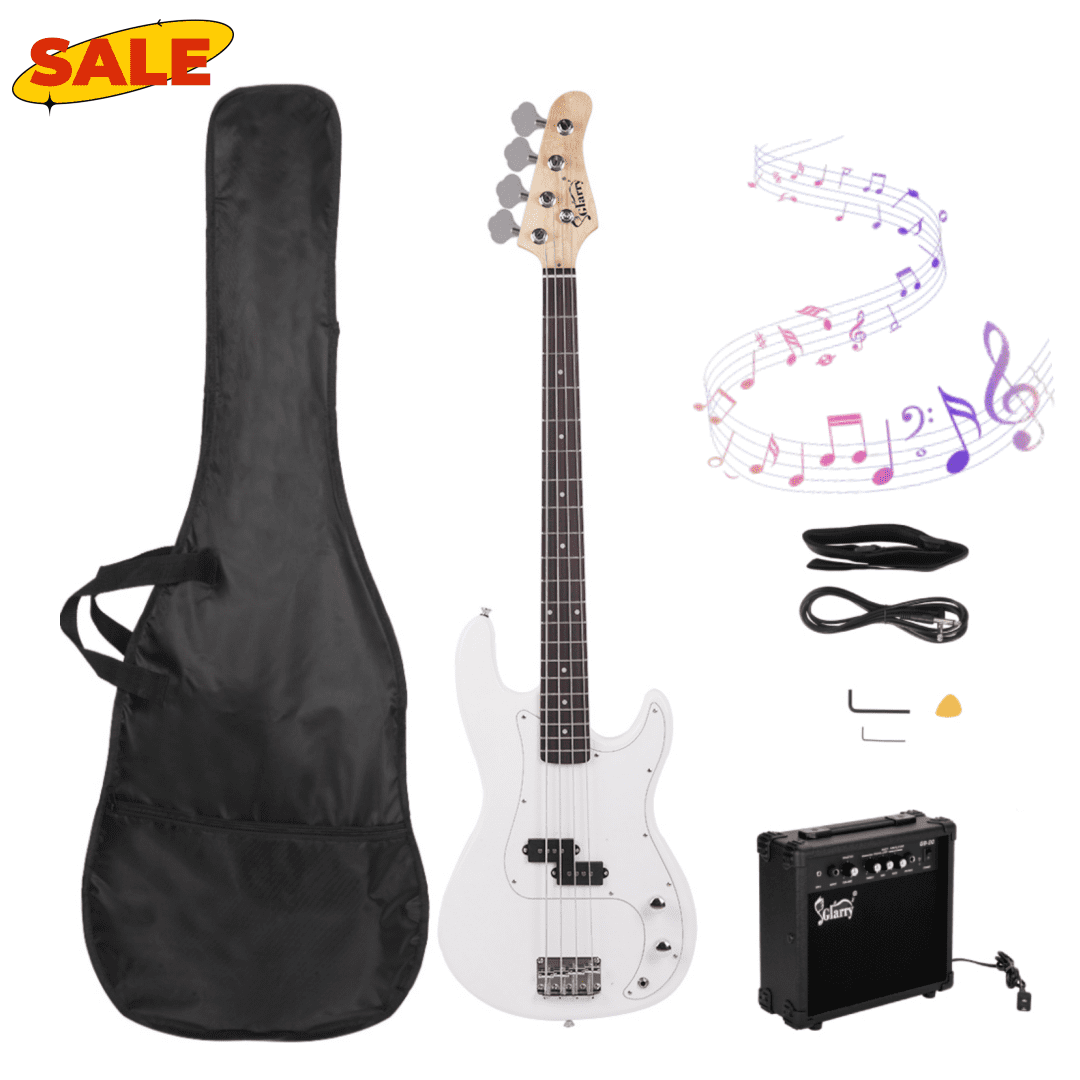 Hassch 4 String Electric Bass Guitar with Amplifier, Beginner Set with Bag, Strap and Accessories, White