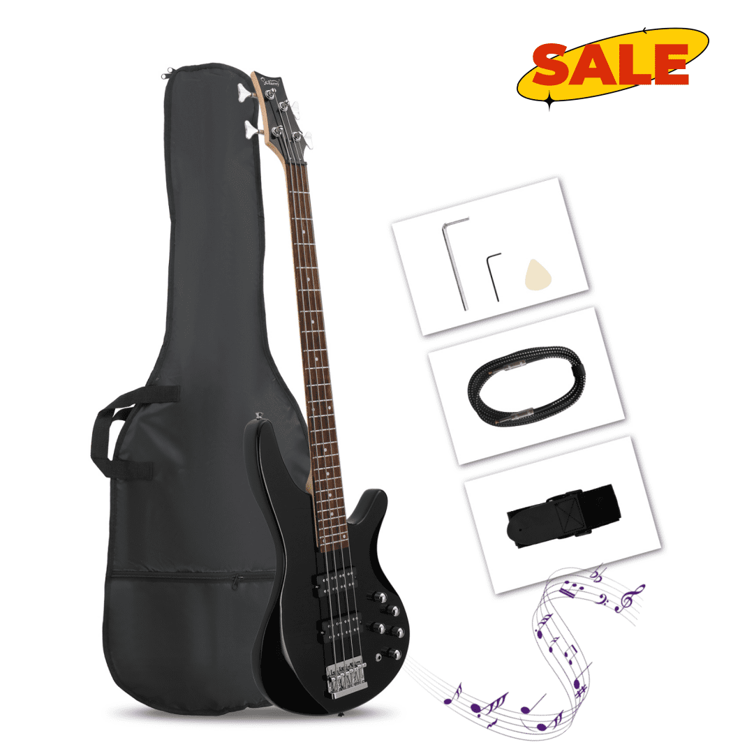 Hassch 4 String Electric Bass Guitar with Bag, 44 Inch Bass with Strap, Plectrum, Amp Wire and Wrench Tool, Black