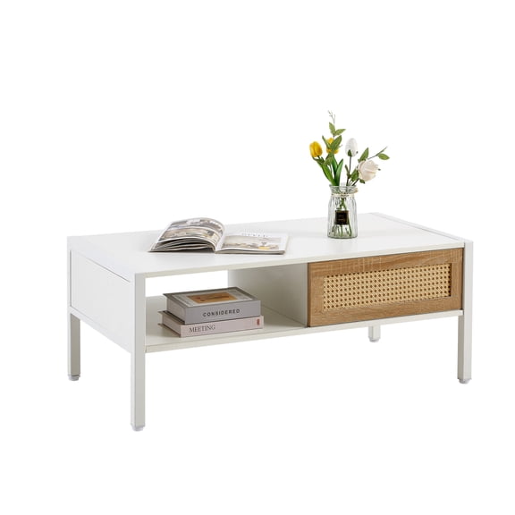 Hassch 40.16" Wooden Coffee Table w/ Rattan Sliding Door for Storage, Metal Legs, Modern Center Table for Living Room (White)