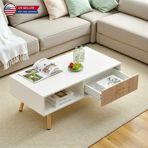 Hassch 40.9" Coffee Table with One Drawer, Modern Rectangular Center Table for Living Room, White+Natural