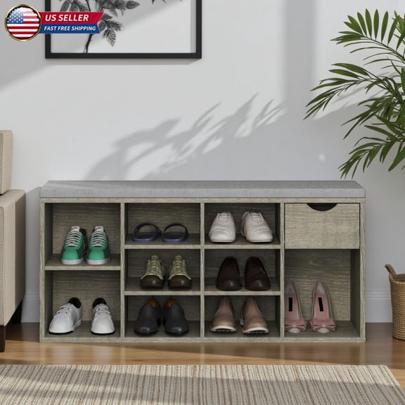 Hassch 40.9" Storage Bench with 9 Cubbies & Drawer, Gray Entryway Shoe Bench with Removable Cushion - 330 lbs Capacity, for Hallway, Living Room & Bedroom