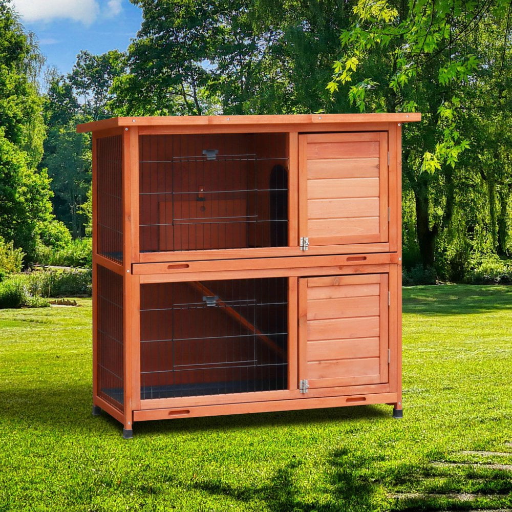 Hassch 41" 2-Story Wooden Rabbit Hutch Bunny Cage Small Animal Habitat Guinea Pig House with Non-Slip Ramp, Removable No Leak Tray and Weatherproof Roof, Outdoor/Indoor, Natural Wood
