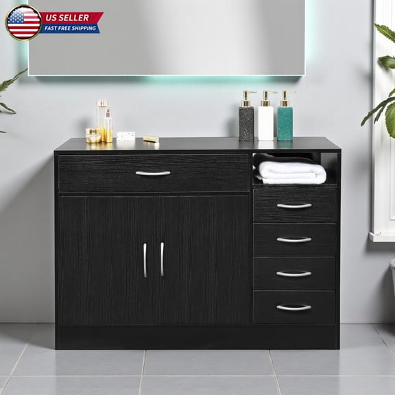 Hassch 41.34"W Floor Standing Storage Cabinet with 2 Doors, 5 Drawers and Open Compartment, Modern Horizontal Linen Tower Organizer, for Bathroom, Bedroom, Living Room, Black