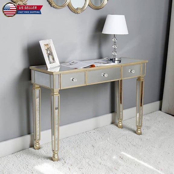 Hassch 41.7" Mirrored Writing Desk with 3 Drawers, Glam Vanity Table in Gold Finish, Console Table for Bedroom, Entryway and Home Office