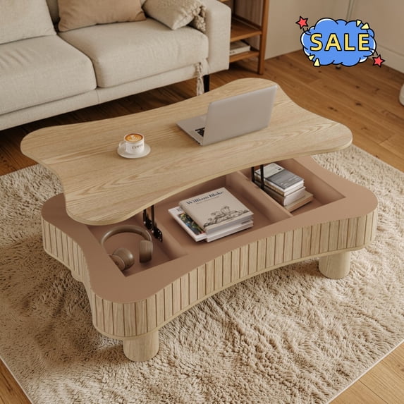 Hassch 42 Inch Coffee Table with Lift Top, Mid Century Modern Cocktail Table with Storage, Center Table for Living Room, Natural