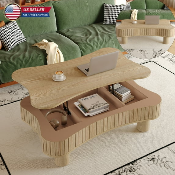Hassch 42" Lift-Top Coffee Table with Hidden Storage, Hydraulic Adjustable Desk Table with Fluted Panels, Rustic Living Room Centerpiece Table in Natural Wood Finish