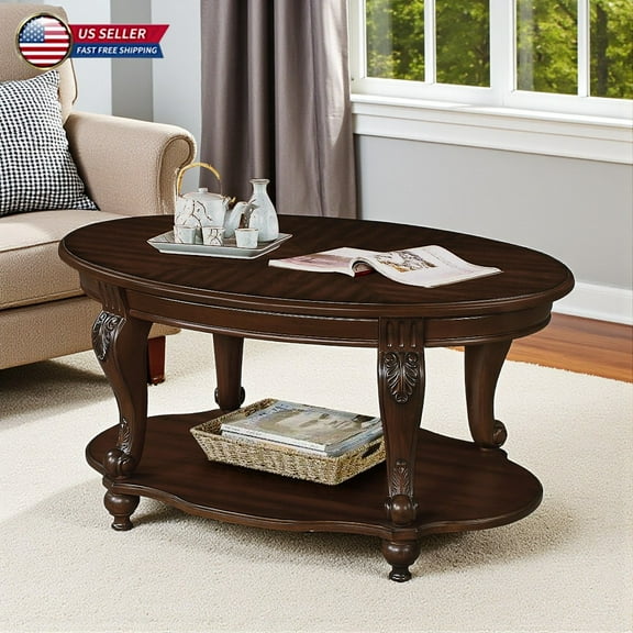 Hassch 42" Oval Coffee Table with Solid Rubber Wood Legs, 2-Tier Storage Cocktail Table with Lower Open Shelf & Rounded Corners, Easy Assembly, Cherry