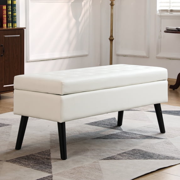 Hassch 43.3 Inch Upholstered Storage Bench in White PU Leather, Modern Bedroom End of Bed Ottoman with Button Tufted Seat and Solid Wood Legs, for Entryway Hallway Living Room