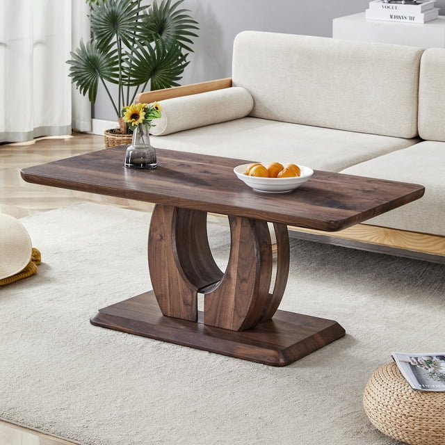 Hassch 43.3" Rectangle Coffee Table, Farmhouse Center Table with Rounded Corner & Sturdy Wood Base, Rustic Cocktail Tea Table for Living Room Apartment, Walnut