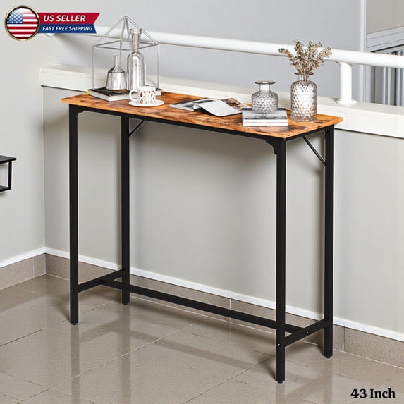 Hassch 43" Counter Height Pub Table, Narrow Bar Table with Sturdy Iron Legs & Adjustable Foot Pads, for Home Bar, Dining Area, Coffee Shop, Outdoor Balcony, Brown