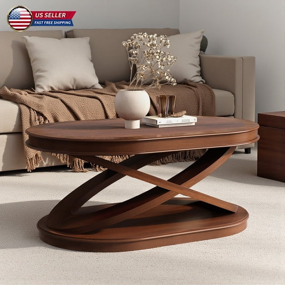 Hassch 44" Oval Coffee Table in Walnut, Rustic 2-Tier Storage Center Table for Living Room, Home Office
