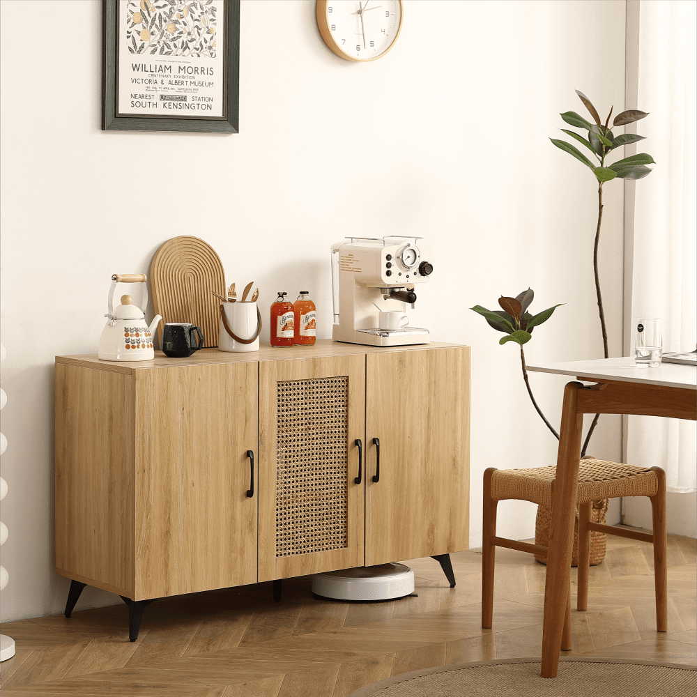 Hassch 45.2 Farmhouse Three Door Rattan Net Side Cabinet Sideboard Buffet Accent Media Console Table Design Mid Century Modern Console Table with