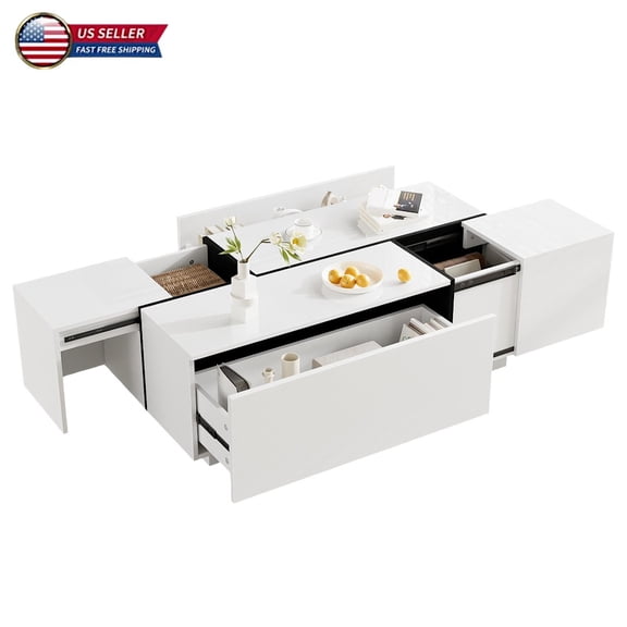 Hassch 47.2" Coffee Table with 2 Storage Drawers and Hidden Pull-Out Compartments, Multi-Functional High Gloss Accent Center Table, White