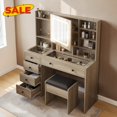 thumbnail image 1 of Hassch 47.2" Large Vanity Desk with Lighted Mirror Cabinet and Charging Station, Makeup Dressing Table with Hooks, Glass Top and Cushioned Stool, Open Shelves and 5 Storage Drawers, Gray, 1 of 6