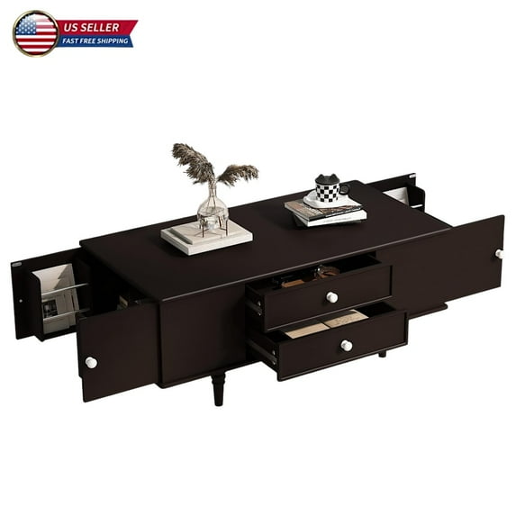 Hassch 47.2" Rectangular Storage Coffee Table with 4 Drawers & Hidden Compartments, Modern Multifunctional Table with Solid Wood Legs & Metal Handles, Brown