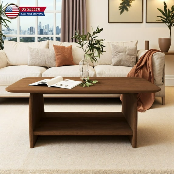 Hassch 47.24-Inch Center Table with Storage for Living Room, Farmhouse MDF Rectangle Coffee Table w/ Open Shelf, 2-Tier Design, Easy Assembly, Walnut
