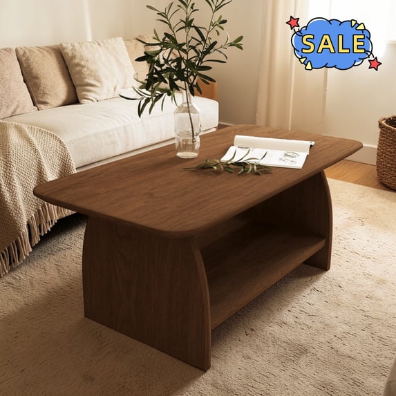 Hassch 47" Rectangle Coffee Table with Storage, 2-Tier Minimalist Cocktail Table with Open Shelf, Center Table for Living Room, Dark Wood Color