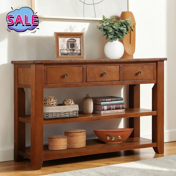Hassch 48" Console Table with Open Shelves and 3 Storage Drawers, Modern Entryway Table, Behind Couch Table for Living Room, Hallway, Brown