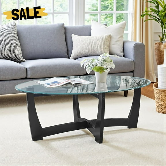Hassch 48" Oval Glass Coffee Table for Living Room, Clear Tempered Glass Top with Black Solid Wood Base, Easy to Clean and Assemble