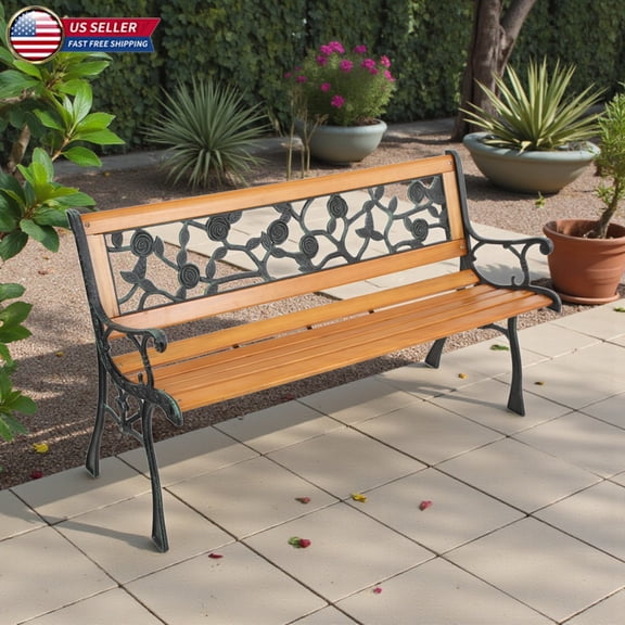 Hassch 49.5" Antique Garden Bench with Ornate Rose Backrest, Outdoor 2-Person Bench w/ Cast Iron Frame and Slatted Hardwood Seat, Weather-Resistant for Patio, Backyard, Porch (Natural & Bronze)