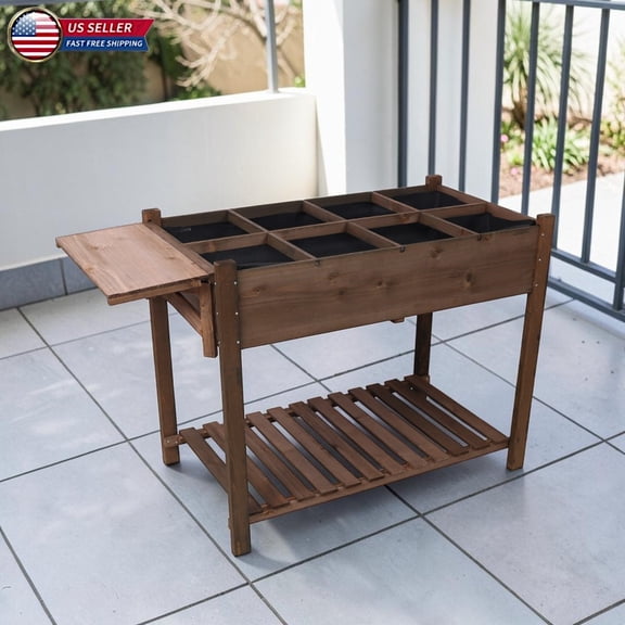 Hassch 49" Raised Garden Bed with 8 Grow Grids & Fabric Liner, Wooden Elevated Planter Box w/ Foldable Ledge & Storage Shelf, for Outdoor Herb & Vegetable Growing, Dark Brown