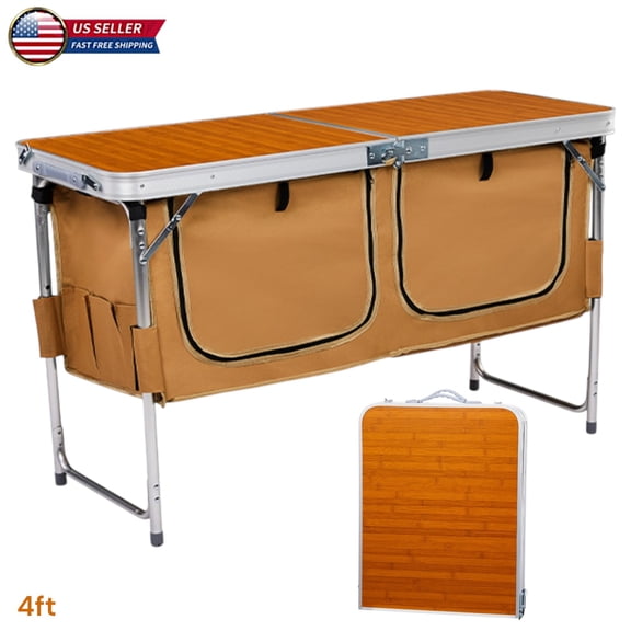 Hassch 4FT Aluminum Folding Utility Table with Storage, Adjustable Height Portable Picnic & Camping Table with Carry Handle, Indoor Outdoor Food Prep & Serving Table (Wood Grain+Khaki)