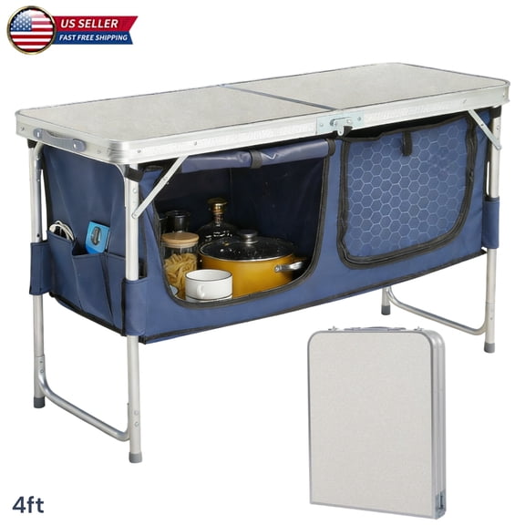 Hassch 4ft Folding Camping Table w/ Storage Organizer, Height Adjustable Aluminum Outdoor Picnic Table with Detachable Enclosed Compartments, for BBQ, Beach & Travel (White+Blue)