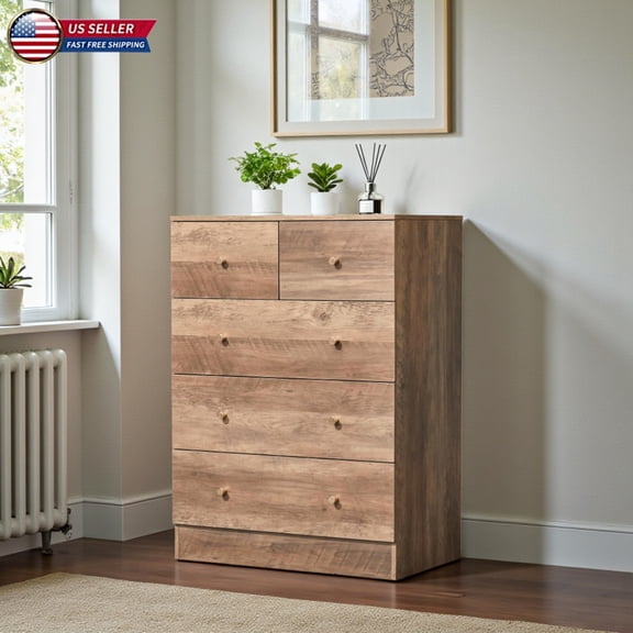 Hassch 5-Drawer Dresser for Bedroom, Farmhouse Vertical Chest of Drawers with Rose Gold Metal Handles and Anti-Tipping Device, Modern Wood Clothes Organizer for Living Room, Hallway, Office (Gray)