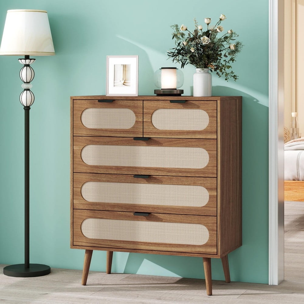 Hassch 5-Drawer Rattan Dresser for Bedroom, Tall Dresser Storage Chest of Drawers for Closet Bedside, Living Room, Hallway, 31.5"L x 15.75"W x 37.91"H, Walnut