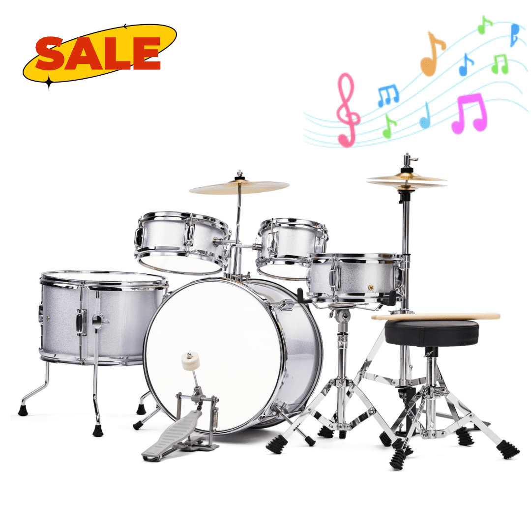 Hassch 5-Piece Beginner Drum Set Junior Kit, Starter Percussion Set with Cymbals, Pedal, Tom, Snares, Drumsticks and Stool, Silver