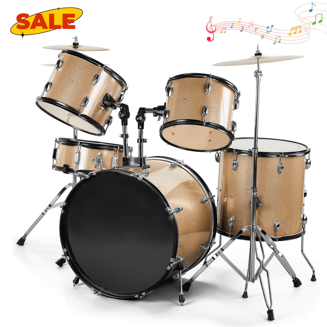 Hassch 5 Piece Beginners Full Size Drum Set, Starter Drum Kit with Stool, Champagne