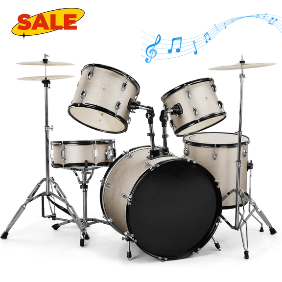 Hassch 5-Piece Full Size Drum Set with Stool, Drum Pedal, Sticks and Floor Tom for Beginners, Silver