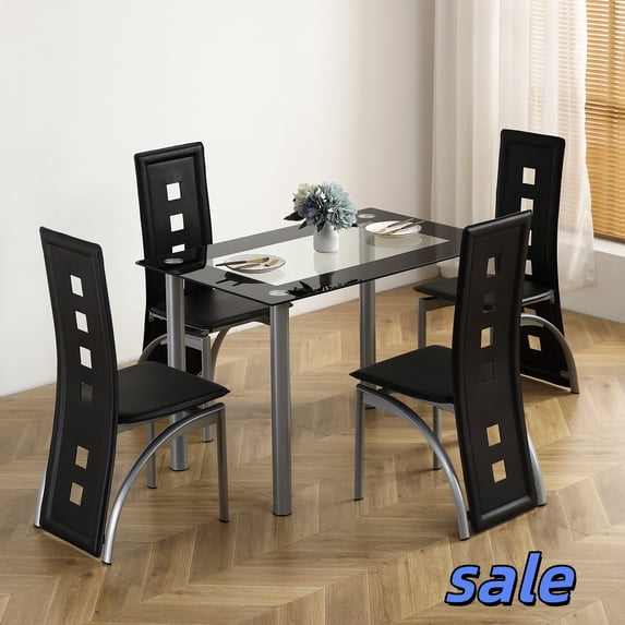 Hassch 5 Pieces Dining Table Set, Tempered Glass Table and 4 Chairs, Kitchen Table Set for 4 Person with Steel Legs for Home Apartment, Transparent & Black
