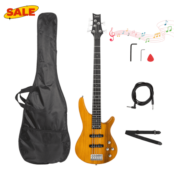 Hassch 5 String Bass Guitar with Bag, Electric Bass Guitar with Strap, Pick, Connector and Wrench Tool, Beginner String Instruments, Transparent Yellow
