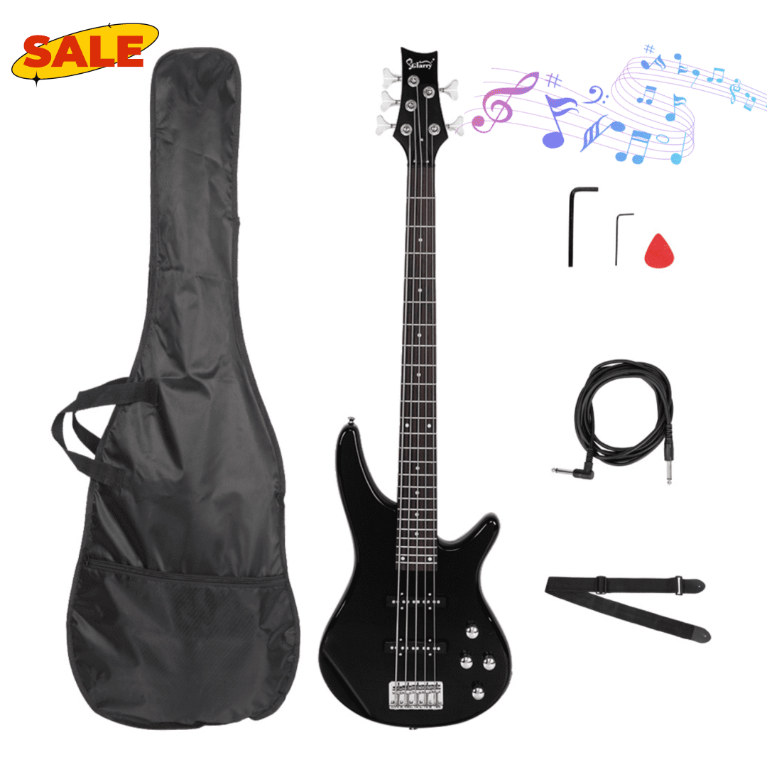 Hassch 5 String Electric Bass Guitar, Full Size Bass Kit with Bag, Strap, Pick, Connector and Wrench Tool, Black