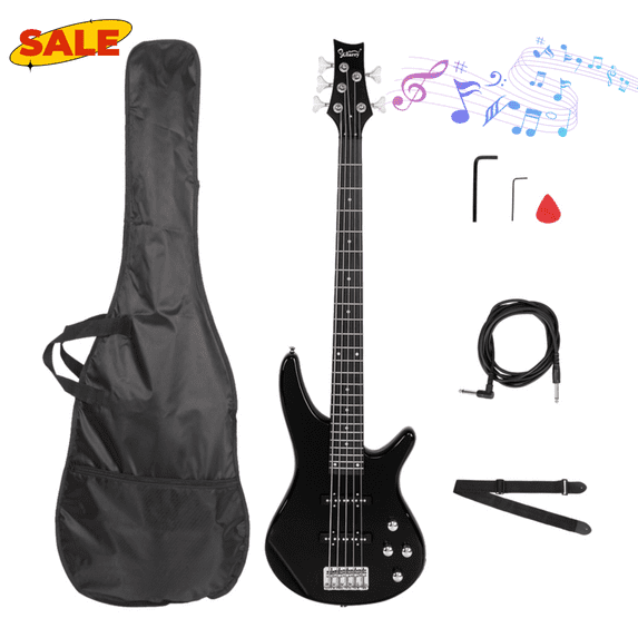 Hassch 5 String Electric Bass Guitar, Full Size Bass Kit with Bag, Strap, Pick, Connector and Wrench Tool, Black